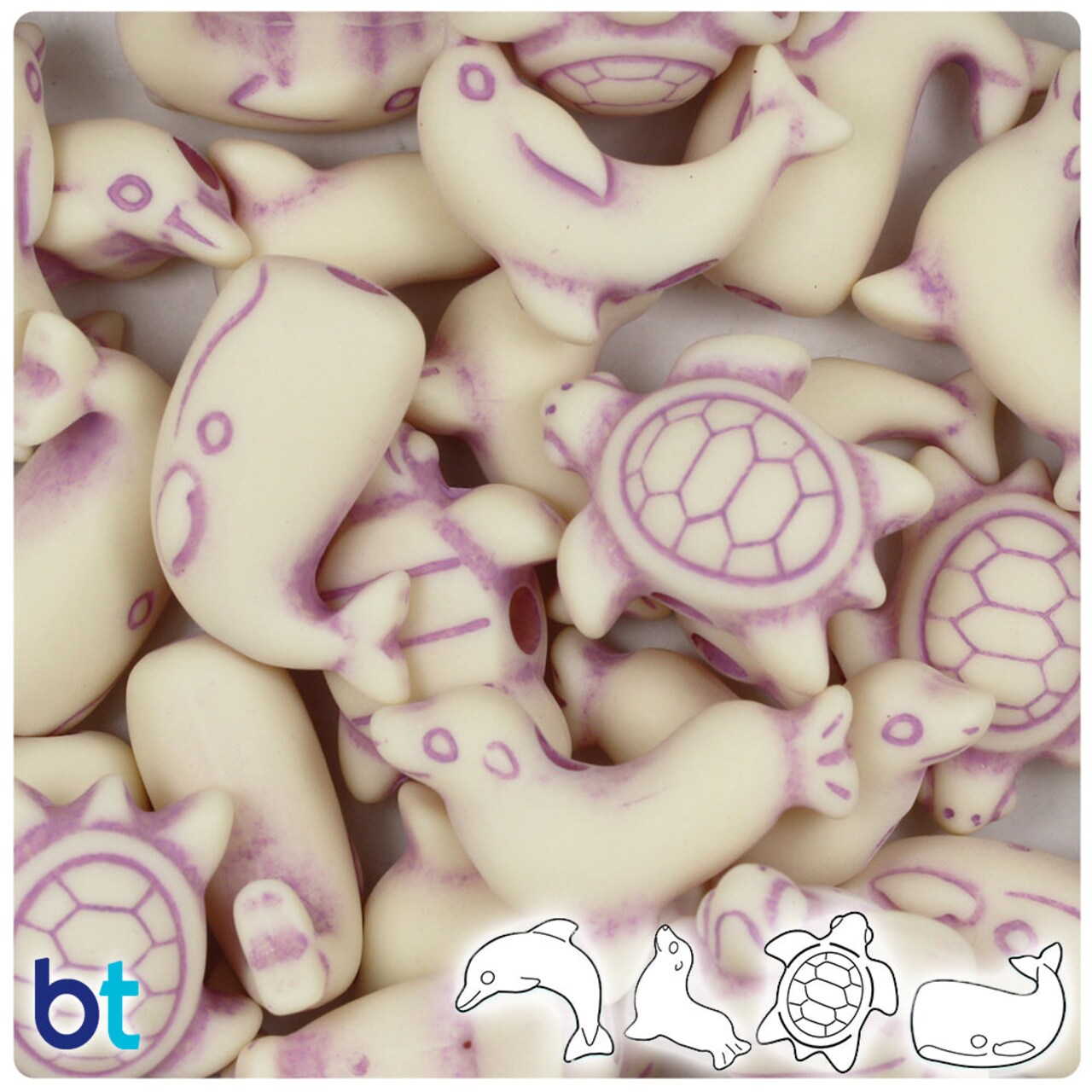 BeadTin Ivory & Purple Antique Marine Life Plastic Pony Beads (2oz)